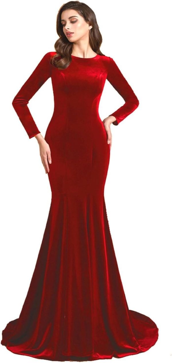 SSPbridal Jewel Neck Velvet Long Sleeves Evening Prom Dresses Mermaid Court Train Party Gowns Formal Zipper Back pp124