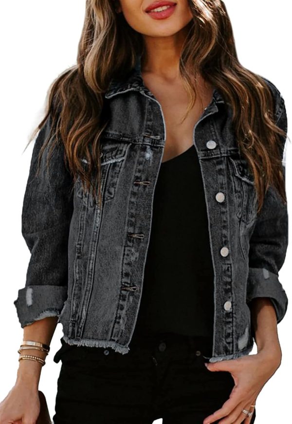 Sidefeel Women's Denim Jacket Long Sleeve Button Distressed Ripped Jean Coat