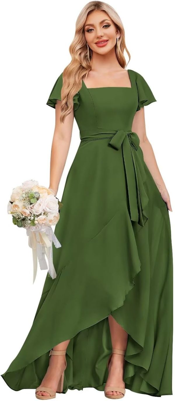 Thinksea Women's Square Neck Bridesmaid Dresses Short Ruffle Sleeve High Low Chiffon Bow Tie Formal Dresses