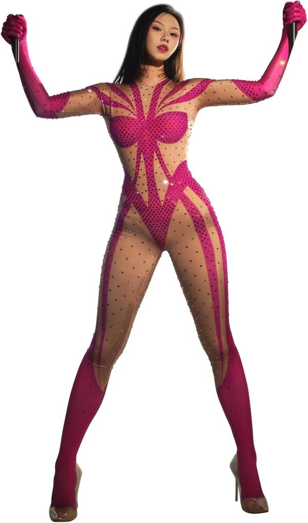 Yoyomomozi Sexy Rhinestones Printed Pink Jumpsuit Gloves Performance Club Party Drag Queen Pole Dance Clothing Stage Leotard