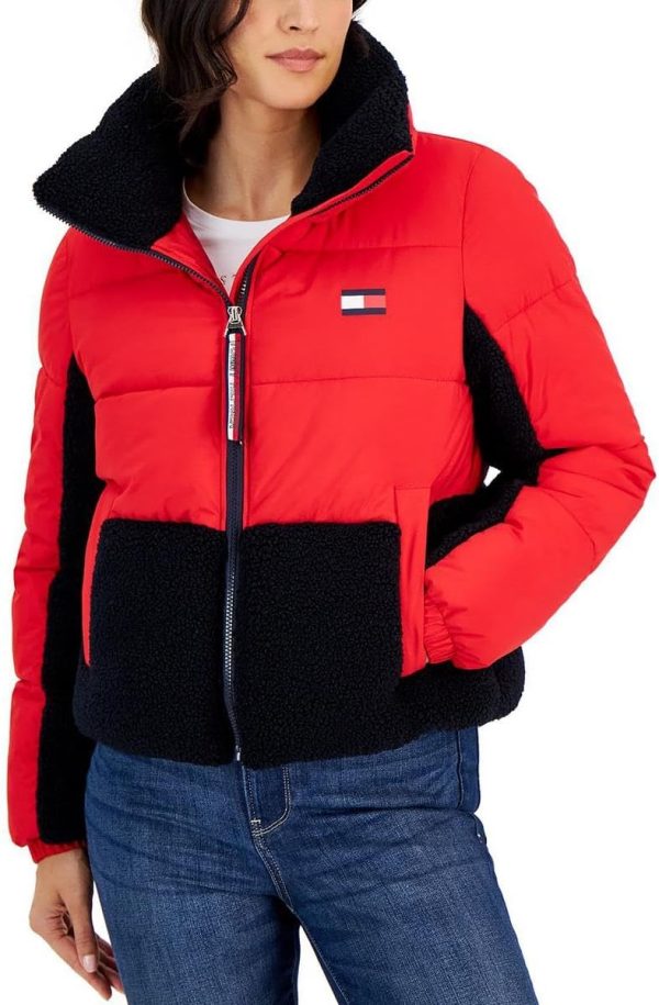 Tommy Hilfiger Women's Sportswear Nylon Sherpa Puffer Jacket, Scarlet, L