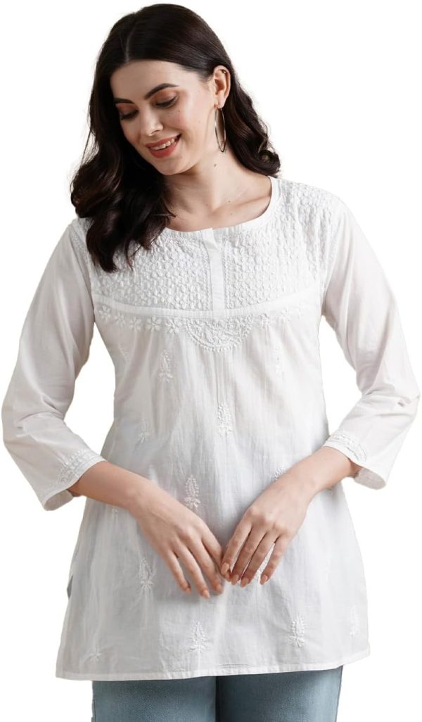 Ada Indian Hand Embroidered Chikankari Cotton Top Tunic Shirt Kurti for Women A296140 (3XL) White