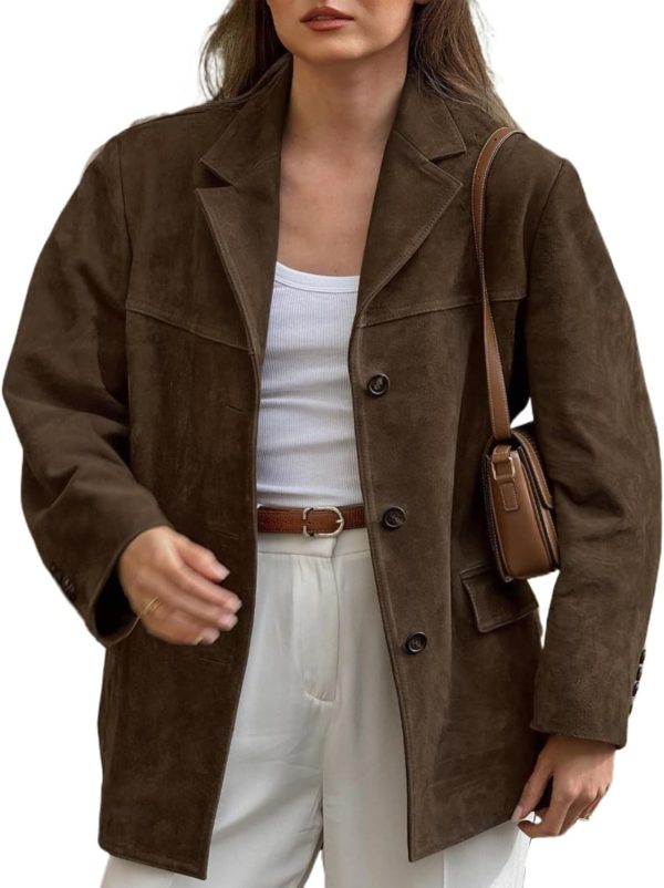 Woman Chic Brown Lapel Suede Jacket Aesthetic Y2k Pocket Long Sleeve Faux Leather Jacket Coat Outwear Streetwear