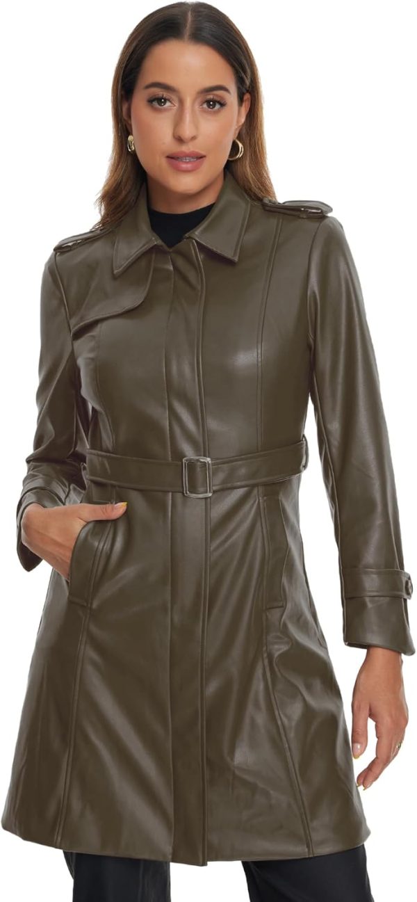 Allegra K Faux Leather Long Jacket for Women's Lapel Slim Fit Long Sleeve Zip Coat