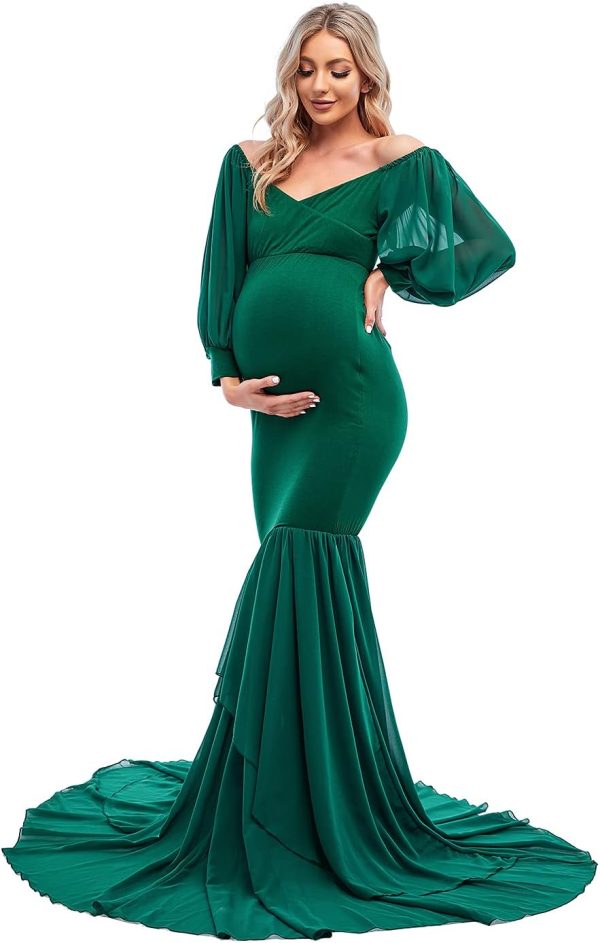 ZIUMUDY Maternity Fitted Mermaid Gown for Photoshoot Long Sleeve Tiered Chiffon Skirt Photo Props Dress