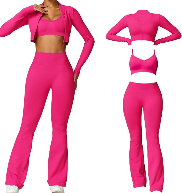 YILKOO Women's 3 Piece Workout Sets, Seamless High Waist Flare Leggings Sports Bra and Zip Jacket