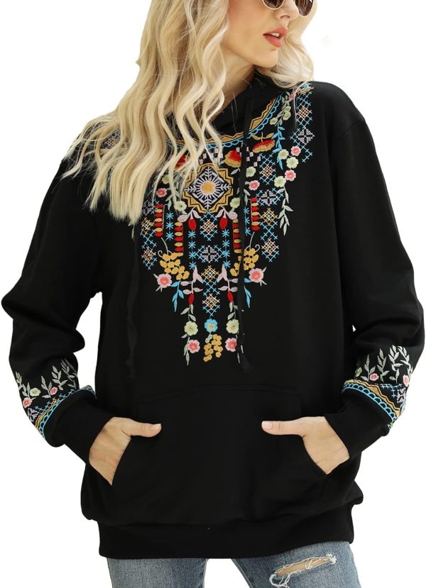 Higustar Embroided Hoodies for Women Mexican Cotton Sweatshirts Bohemian Casul Long Sleeve Fall With Pockets Hoodie