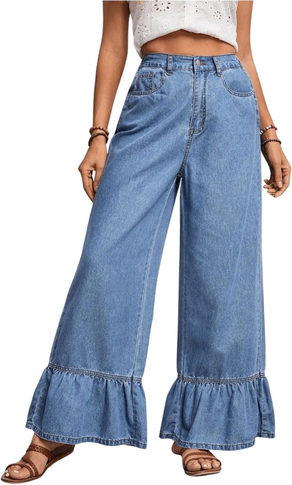 SweatyRocks Women's High Waist Wide Leg Baggy Jeans Ruffled Hem Denim Palazzo Pants