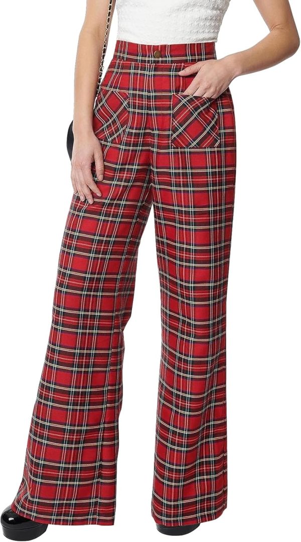 Women's Plaid Wide Leg Trousers High Waist Tartan Loose Pants Casual Y2k Long Palazzo Pant