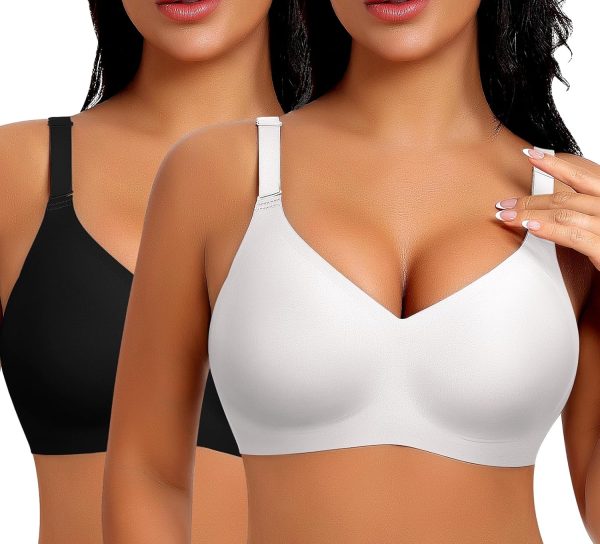 SINFLA V Neck Wireless Bras for Women No Underwire Seamless Bra Full Coverage No Wire Tshirt Bras