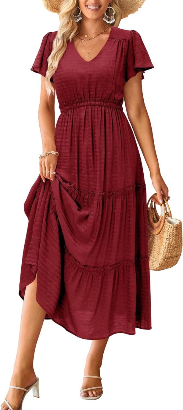 VOTEPRETTY Women's 2024 Fashion Summer Maxi Dresses Boho Beach V Neck Flutter Short Sleeve Tiered Long Dress