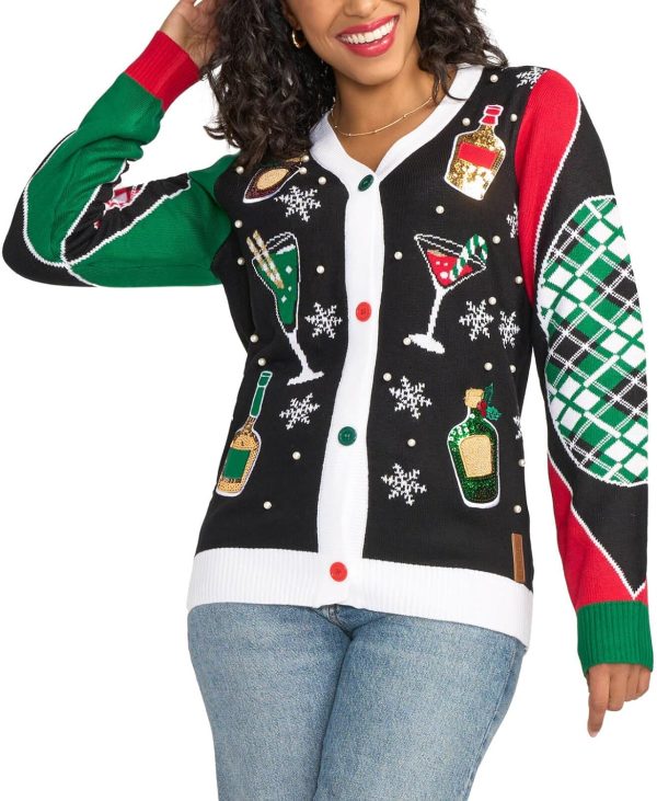 Tipsy Elves Classic Cute Cardigan Ugly Christmas Sweaters for Women with Fun Patterns and Animals - Women's Colorful Black Mix and Be Merry Christmas Cardigan Size Medium