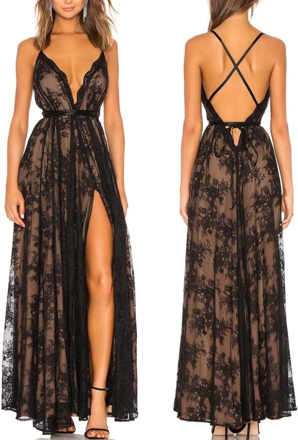 Aigeman Women's Sexy Backless Spaghetti Straps Floral Lace Paris Evening Gown Deep V Neck Front Split Maxi Dress 72245