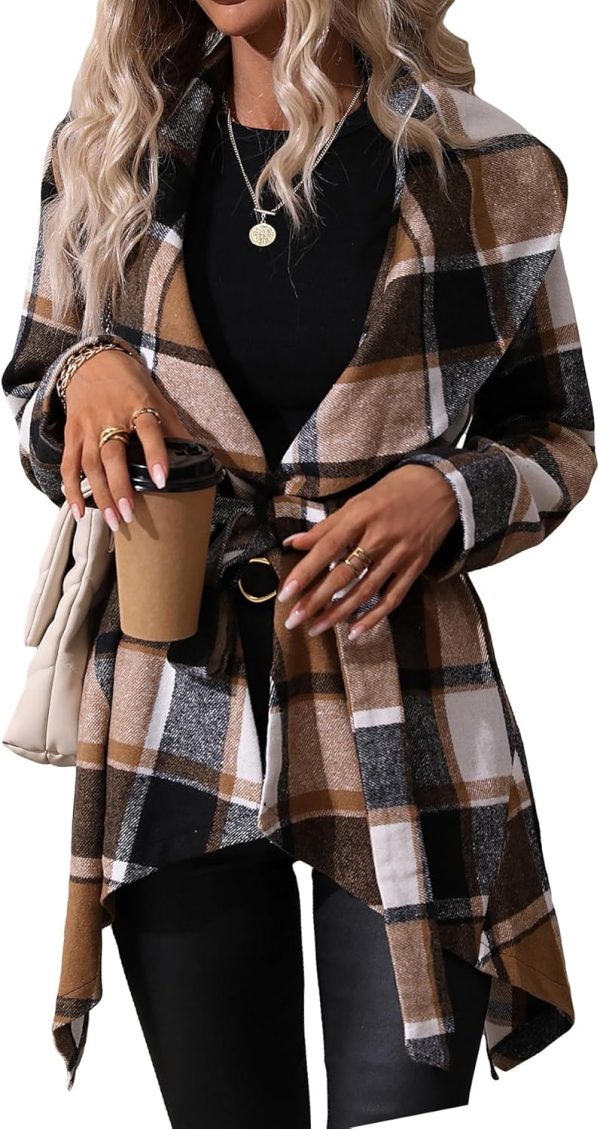 SHENHE Women's Plaid Belted Wrap Coat Waterfall Collar Asymmetrical Elegant Coat Outerwear