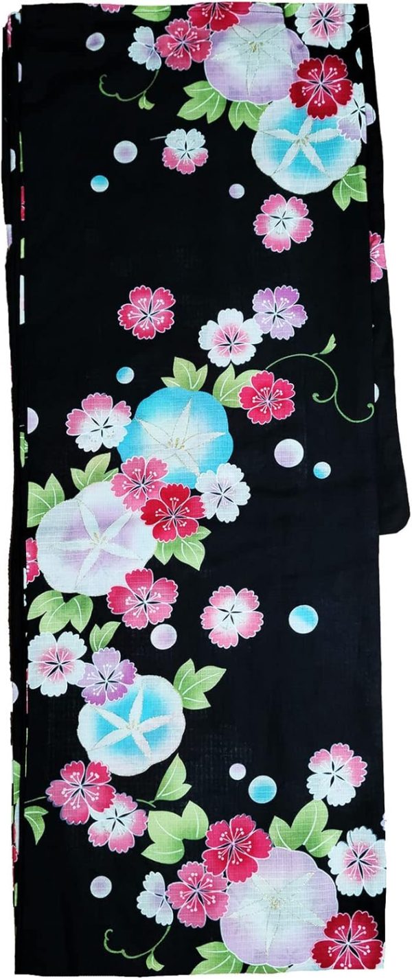 Women's Authentic Traditional Japanese Yukata, aka Casual Kimono, Colorful Morning Glory and Cherry Blossom in Black