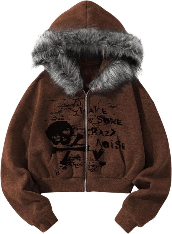 SHENHE Women's Faux Fur Zip Up Hoodie Skeleton Graphic Cropped Hoodie Jacket Sweatshirt