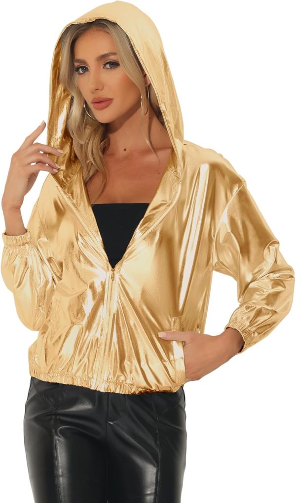 Allegra K Holographic Jackets for Women's Hooded Long Sleeve Zipper Christmas Metallic Jacket