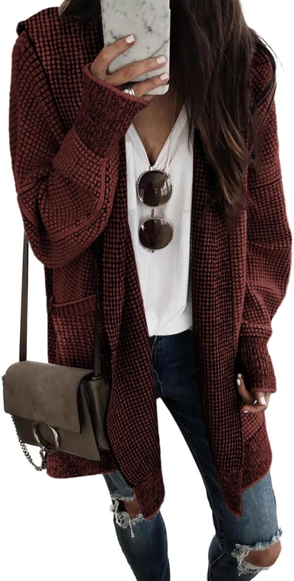 Sidefeel Women's Cardigan Sweaters Hooded Oversized Open Front Chunky Knit Plaid Sweater Coat Fall Fashion Tops