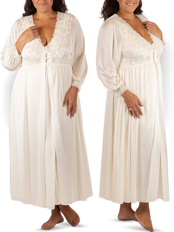 Shadowline Women’s Long Lace Bodice Button Down Robe- 54” Length Robe