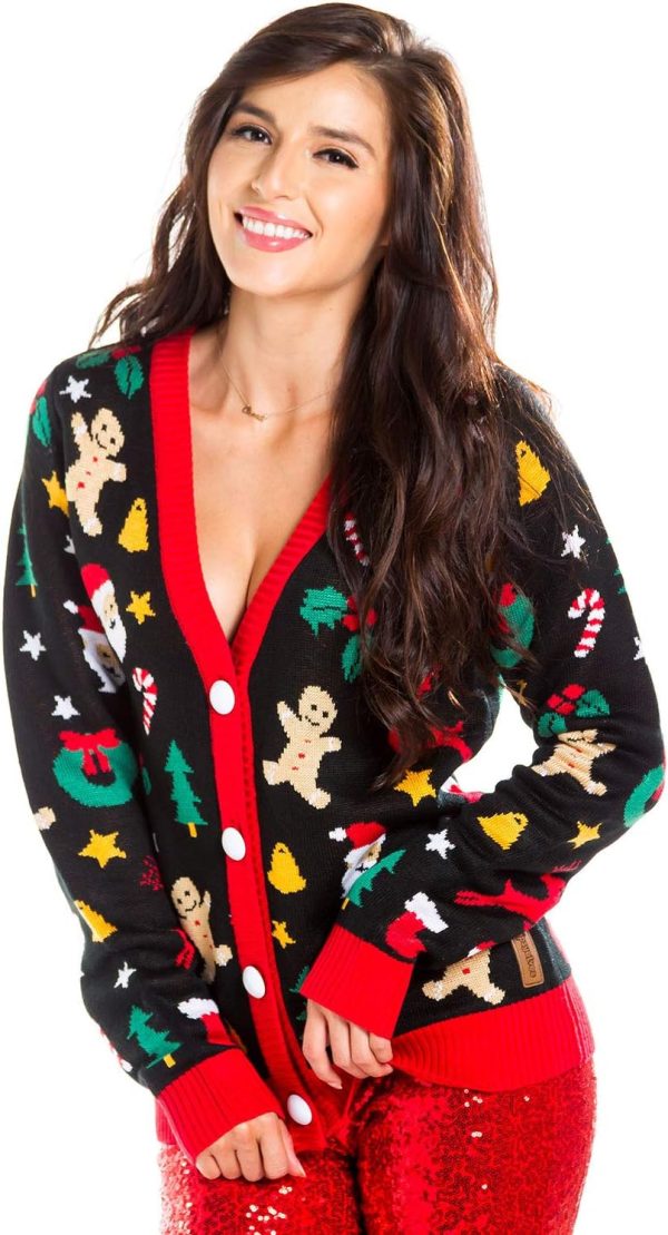 Tipsy Elves Classic Cute Cardigan Ugly Christmas Sweaters for Women with Fun Patterns and Animals - Women's Colorful Black Cookie Cutter Christmas Cardigan Size 2X