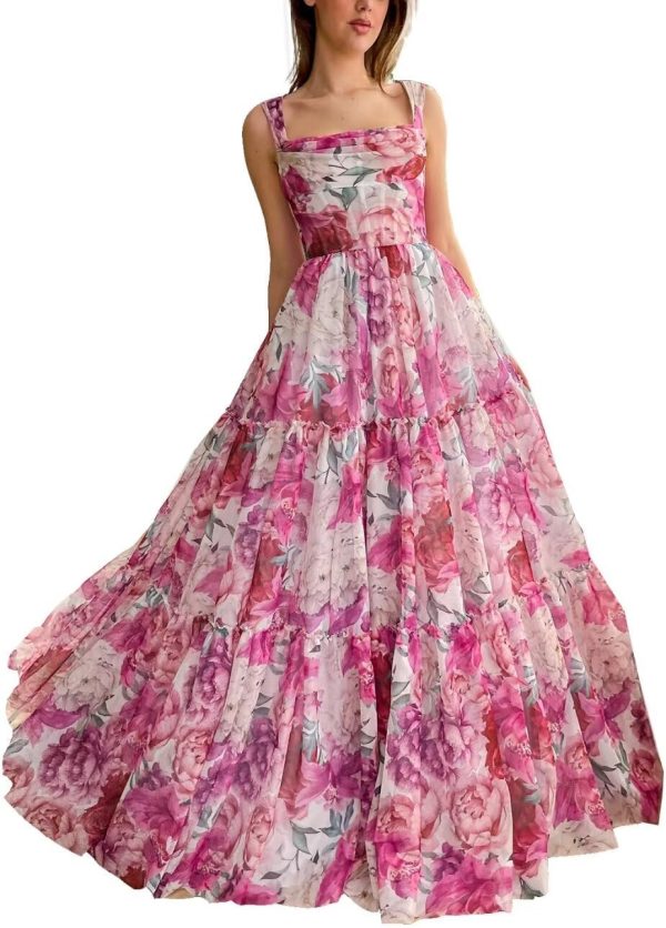 WaterDress Cute Tulle Floral Print Prom Dress Long Senior Evening Gown for Girls WD109