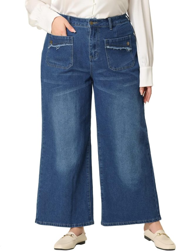 Agnes Orinda Plus Size Jeans for Women Wide Leg Washed Stretch with Pockets Palazzo Pants 2024 Denim Jeans