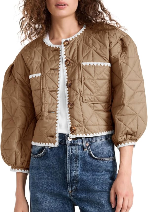 Tankaneo Womens Cropped Quilted Jacket Winter Lightweight Puff 3/4 Sleeve Button Down Contrast Trim Coat