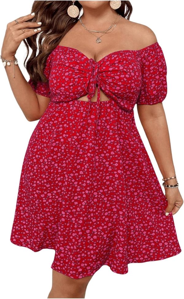 SOLY HUX Women's Plus Size Summer Dresses Off Shoulder Floral Print Short Sleeve Cut Out Tie Front A Line Short Dresses