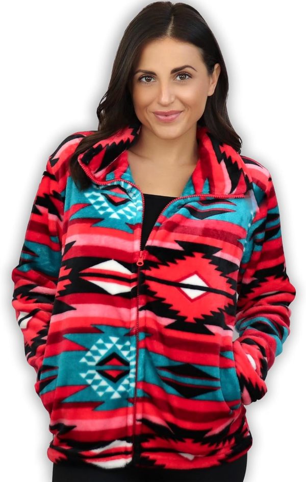 TrailCrest Ultra Soft Women’s Full Zip Jacket, Plush Fleece with Velvety Silk Feel, Aztec/Ikat Fun and Trendy Prints 9 Colors