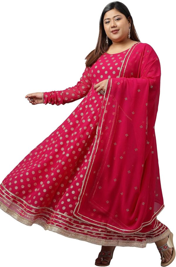 XL LOVE - By Janasya Indian Women's Plus Size Bright Pink Georgette Foil Print Kurta with Dupatta